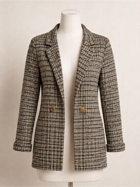 WearEver Plaid Knit Blazer Gold Button Open Front Jacket Medium